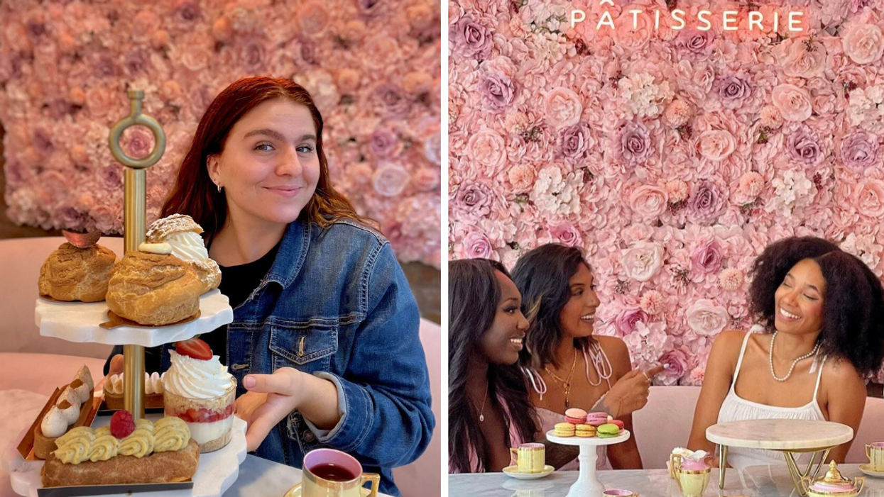 Tour de pâtisseries. Droite : Femmes qui prennent le thé.