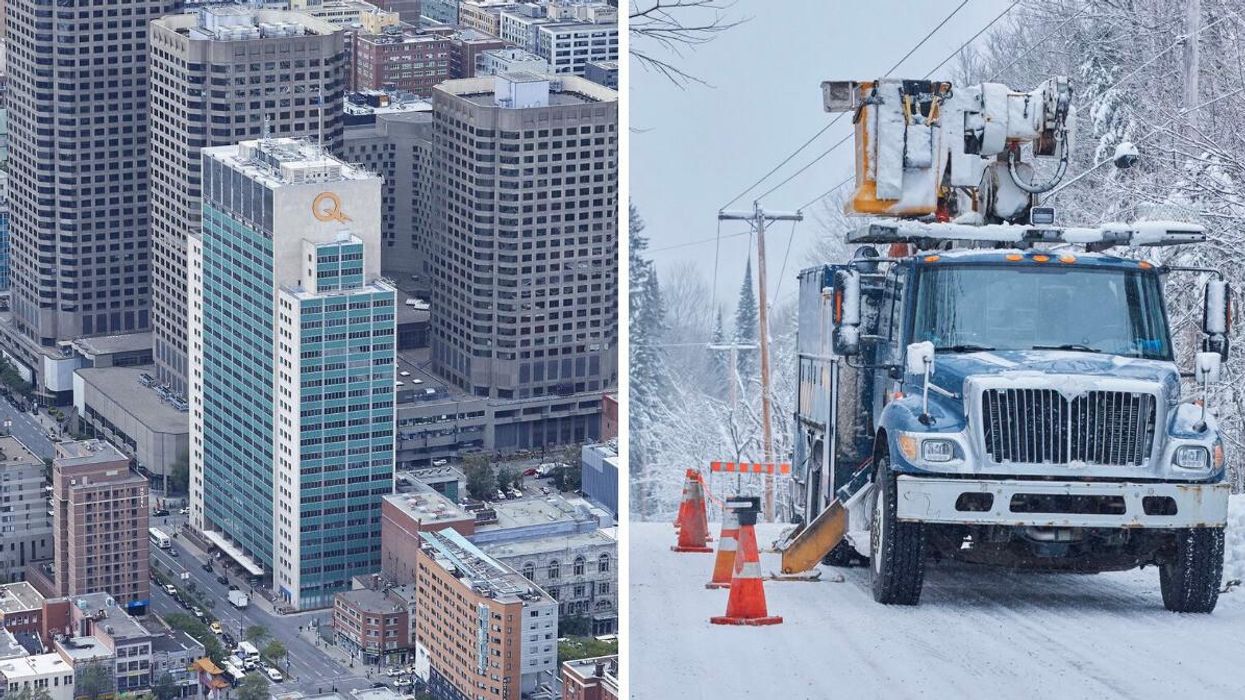 Tour Hydro-Québec Montréal. Droite : Camion Hydro-Québec.