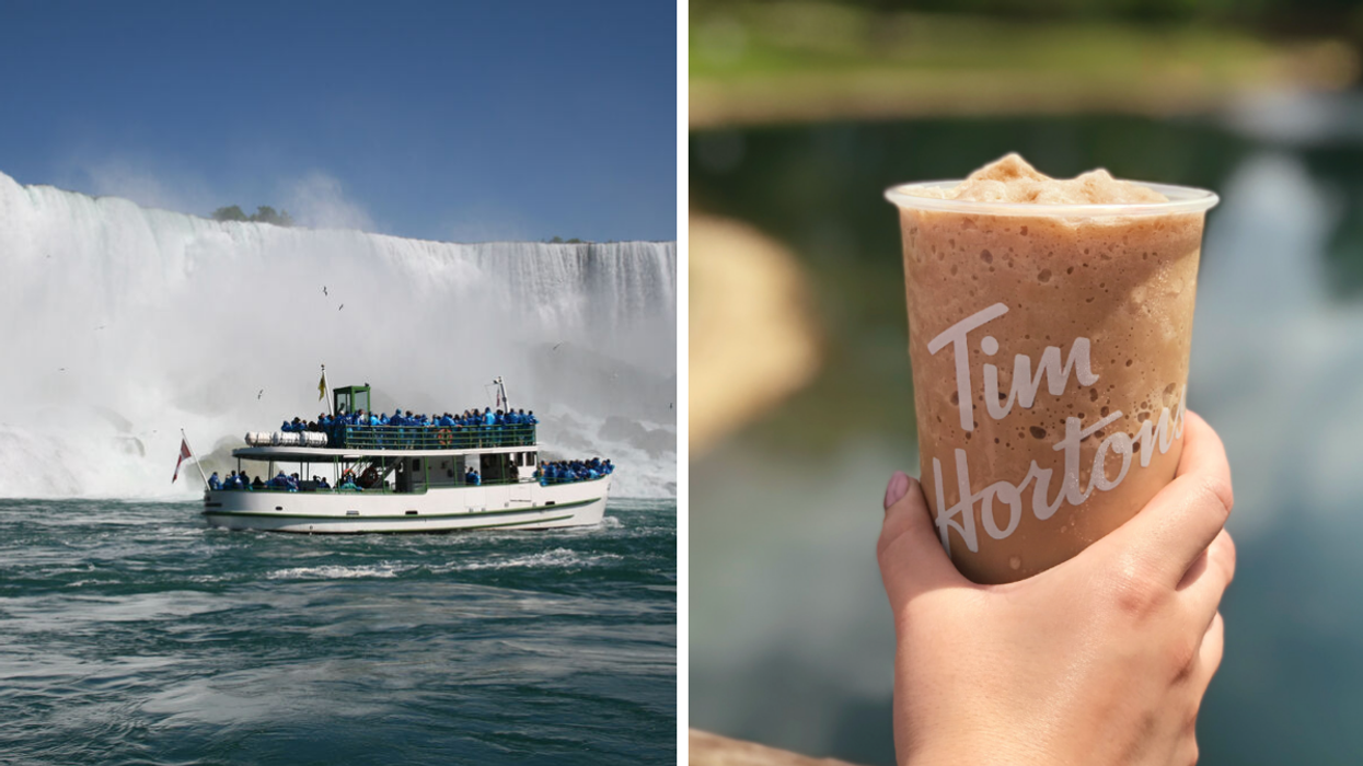 Tourists aboard a tour boat at the Niagara Falls. Right: An Iced Capp from Tim Hortons.