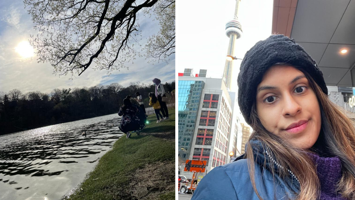 Tourists take pictures in Toronto. Right: Janice Rodrigues.