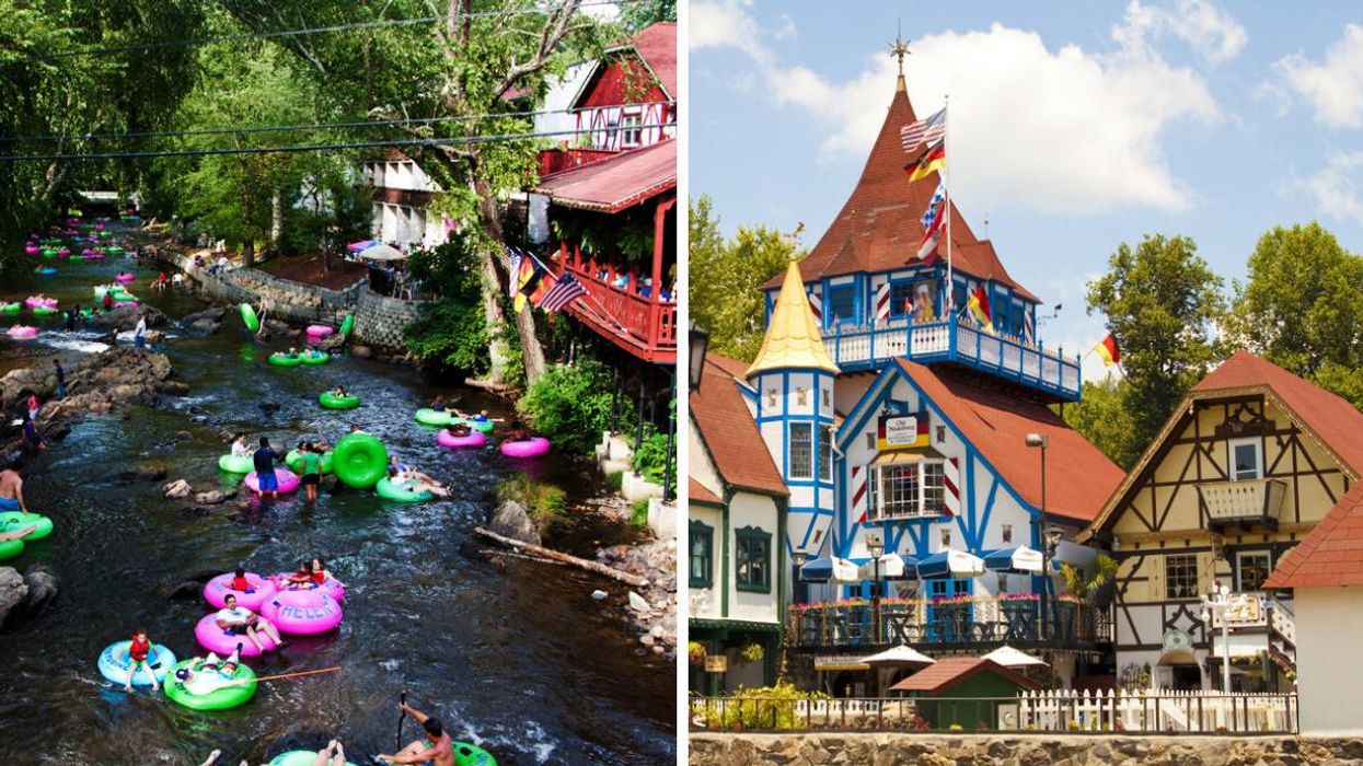 Tourists tubing in Helen, GA. Right: The German Alpine architecture in the small Georgia town.