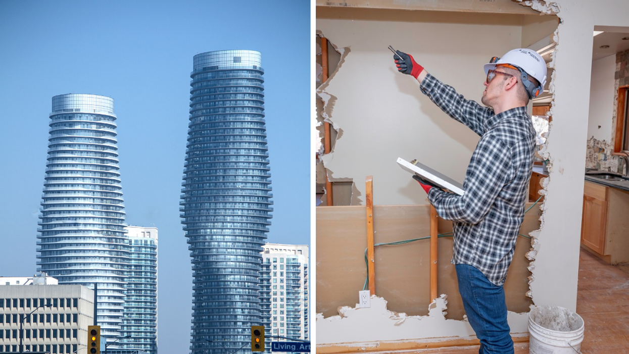 Towers in Mississauga. Right: Person at a construction site.