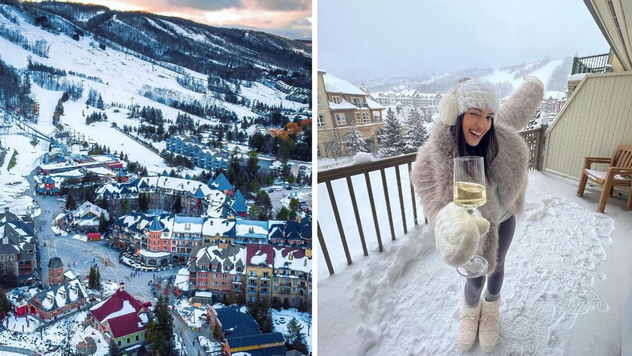 Town during the winter. Right: A person holding a glass.