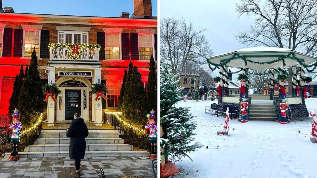 Town Hall in Gananoque. Right: Gazebo decorated for Christmas.