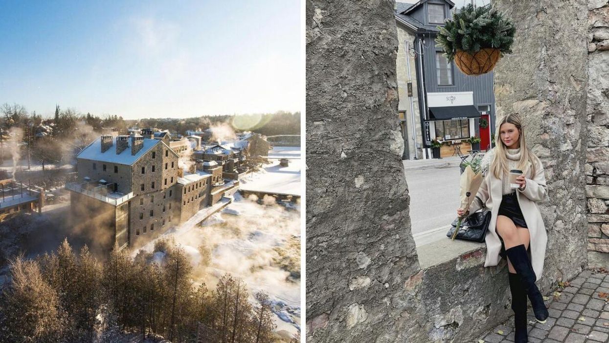 Town of Elora. Right: Woman sitting with a coffee.