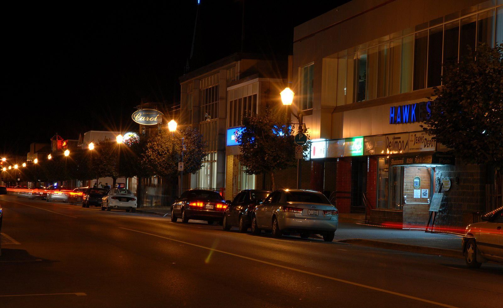Town of Hawkesbury in Ontario on Main Street at night.