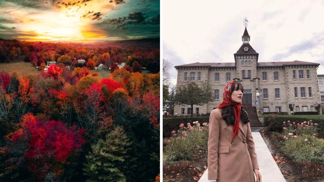 Town surrounded by fall trees. Right: A woman standing in front of a historic building.