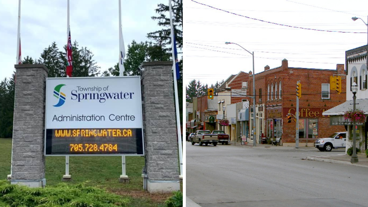 Township of Springwater sign. Right: Town of Elmvale in Springwater.