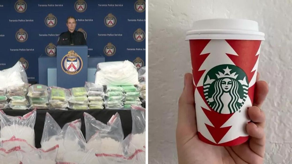TPS drug bust press conference. Right: Starbucks holiday beverage.