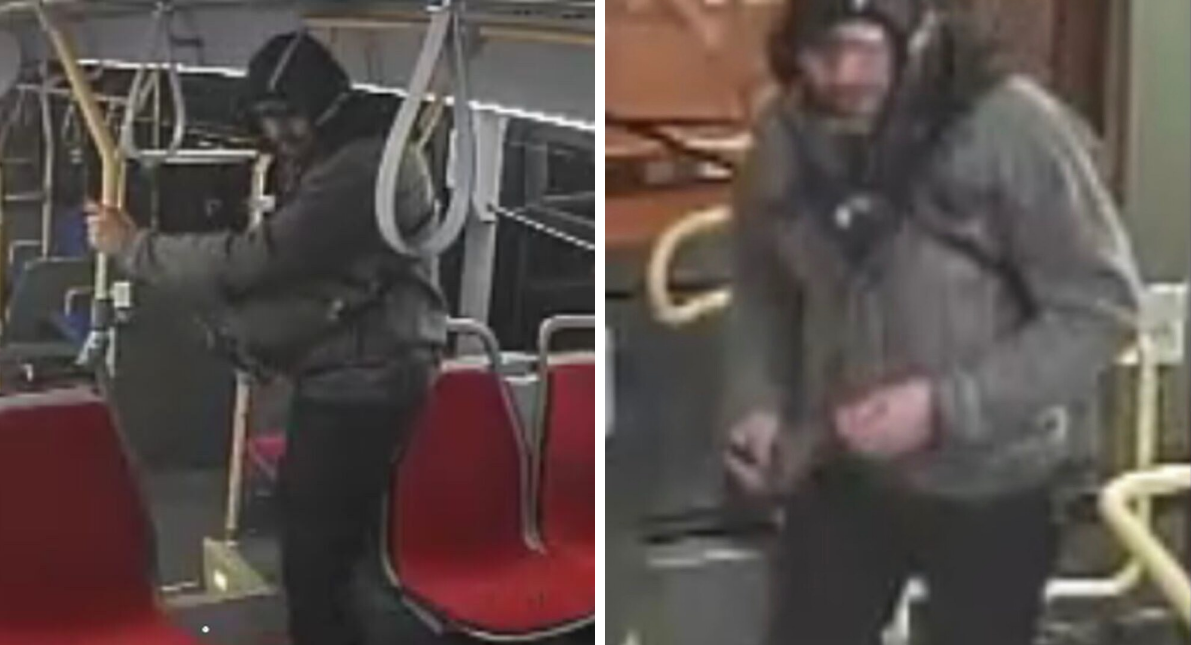 TPS suspect wearing a grey jacket with a hood and black pants while on a bus.
