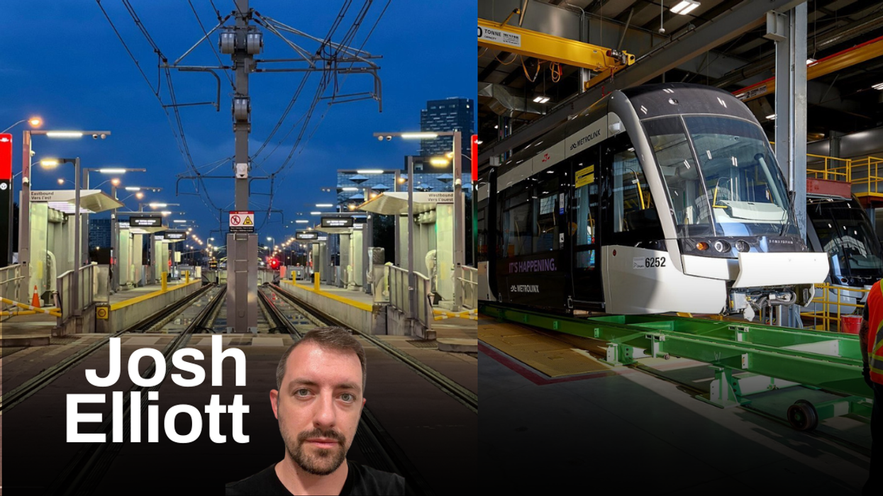 Tracks for a light rail train. Right: A worker stands in front of an LRT train under construction in a hangar.