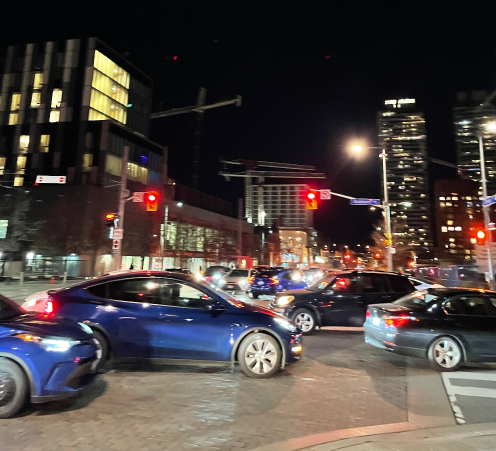 Traffic by the Distillery District.