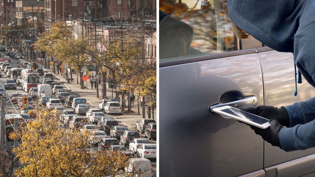 Traffic in Toronto, Canada. Right: A hooded figure uses a phone to unlock a car door. (illustrative).