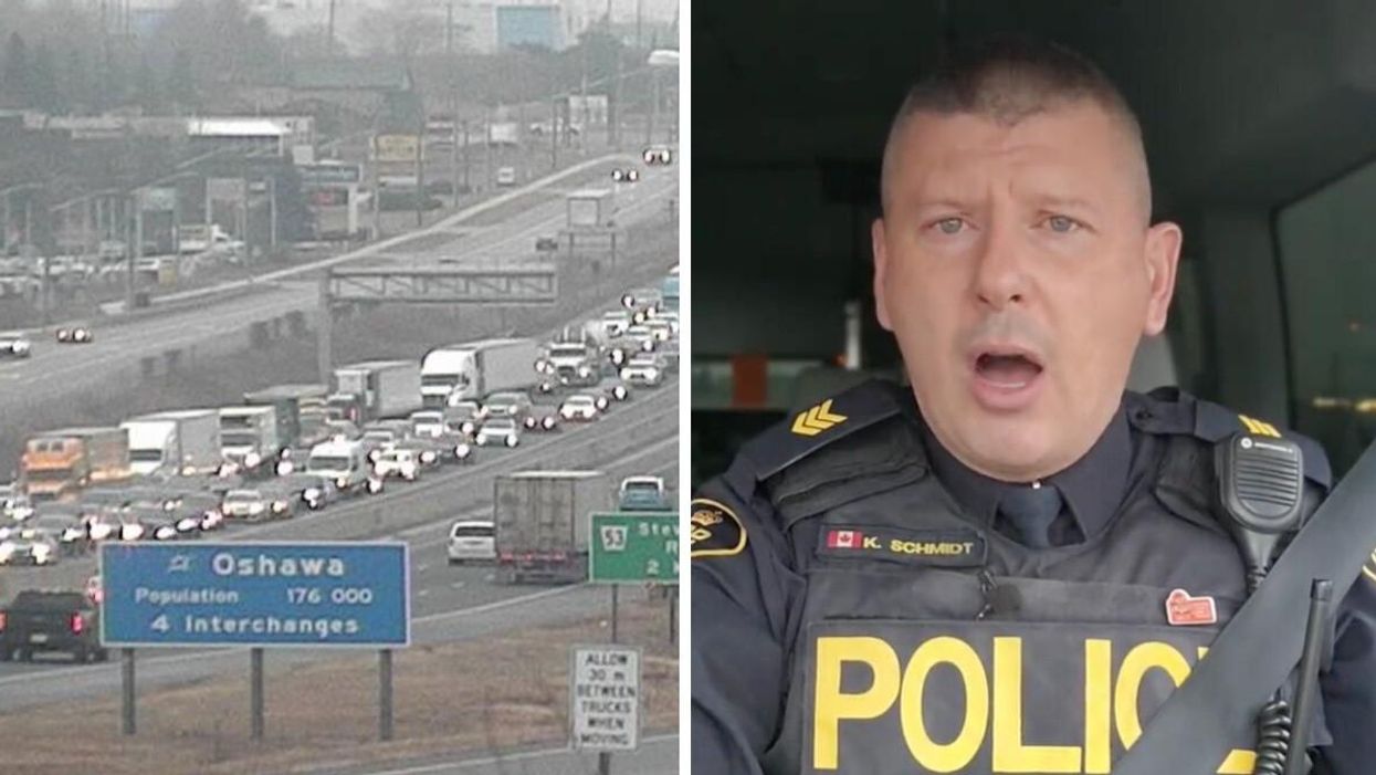 Traffic on Highway 401. Right: OPP Sgt. Kerry Schmidt.