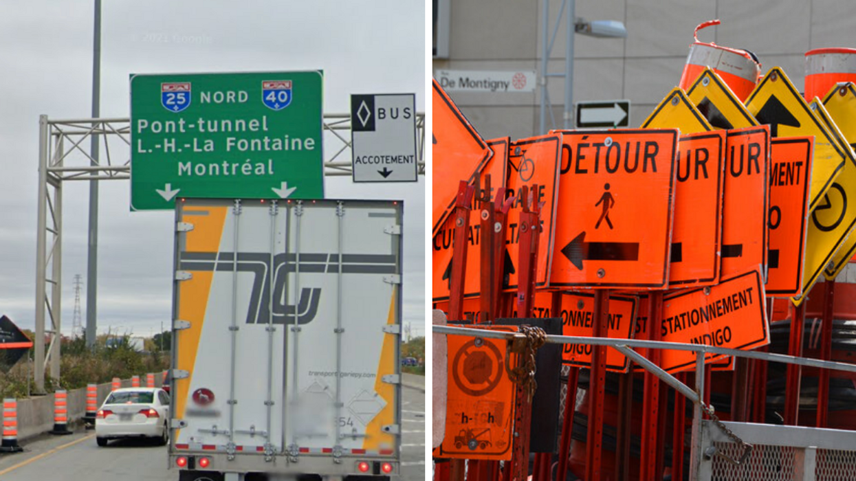 Trafic sur l'autoroute 25. Droite : Panneaux de circulation à Montréal.