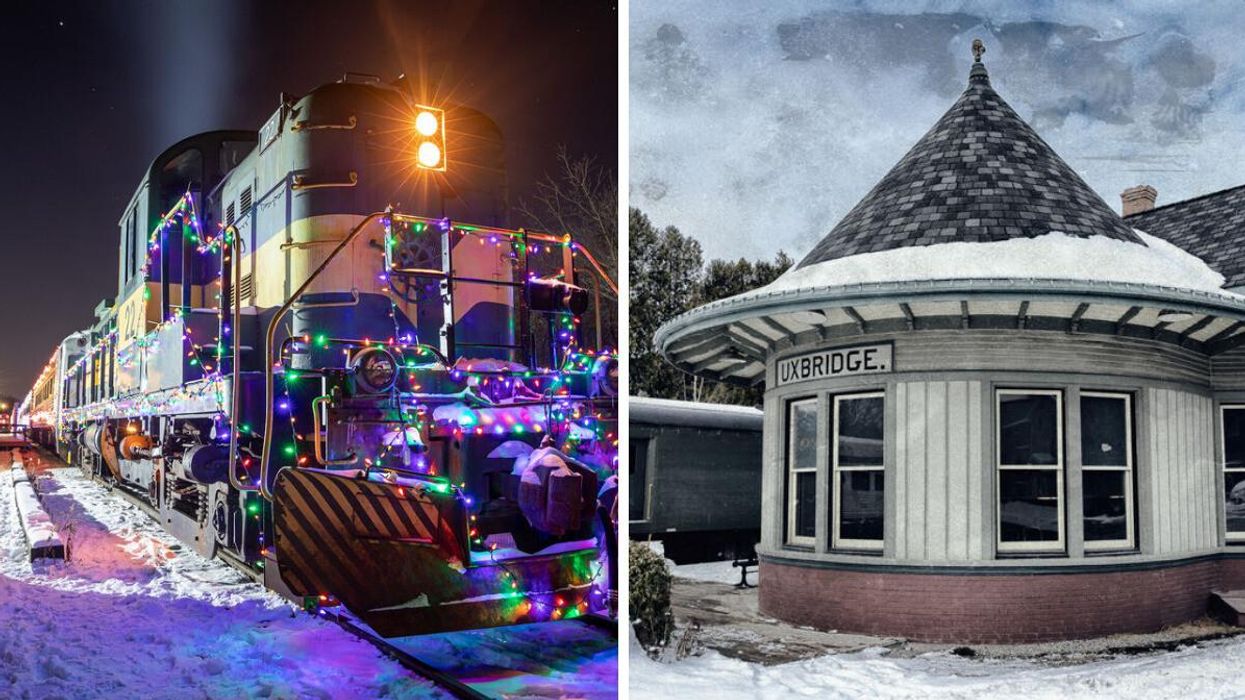 Train covered in Christmas lights. Right: Uxbridge station.