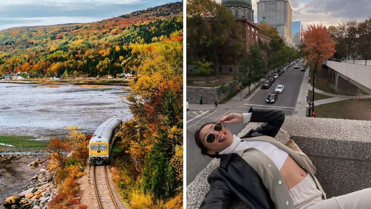 Train de Charlevoix en automne. Droite : Une personne à Montréal en automne.