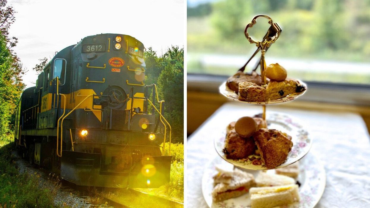Train driving through trees. Right: Tiered platter with pastries.