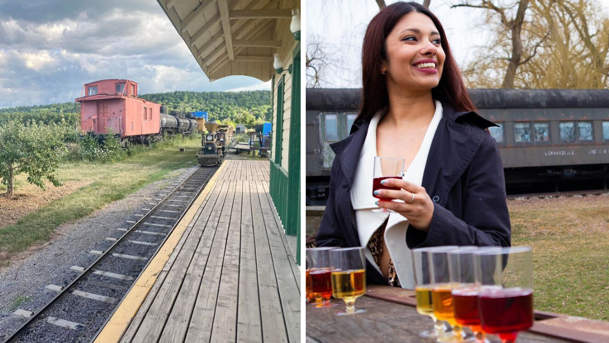 Train tours through an orchard and vineyard. Right: Flights of cider at an Ontario farm winery.