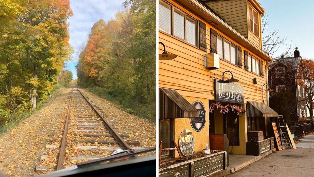 Train tracks during the fall. Right: A yellow store.