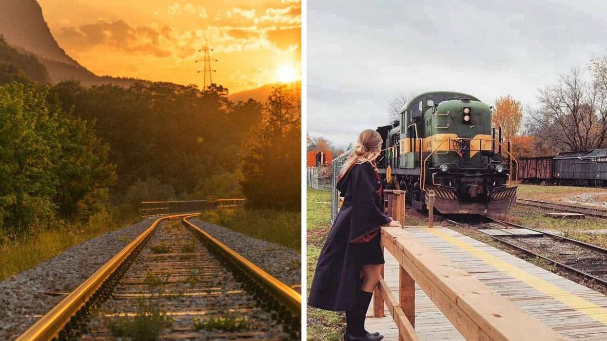 Train tracks. Right: A girl dressed in robes by a train.