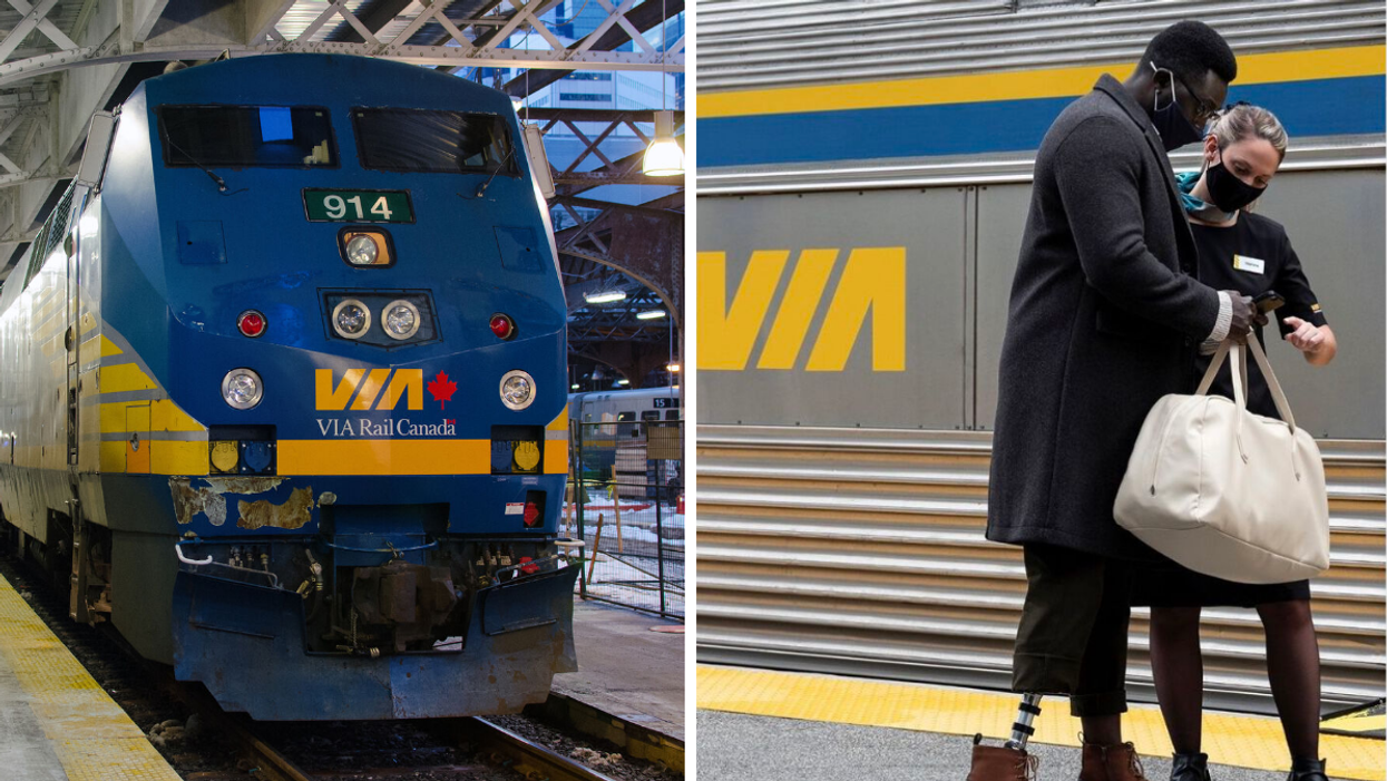 Train VIA Rail. Droite : Employée VIA Rail avec client.