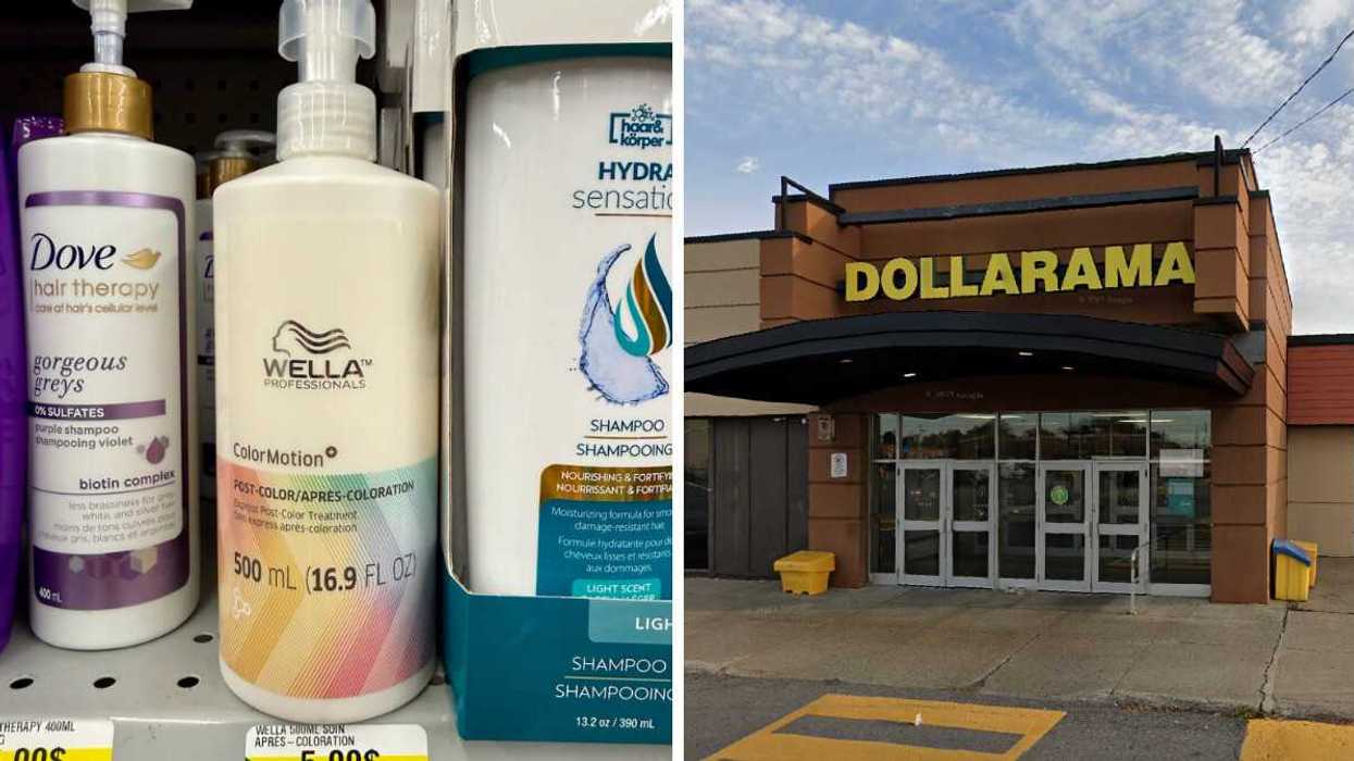 Traitement express post color 500 ml Wella Professionals sur les tablettes du Dollarama. Droite : le Dollarama.