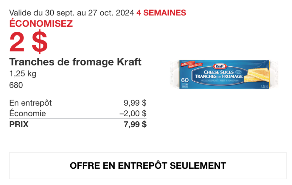 Tranches de fromage Kraft en rabais au Costco.