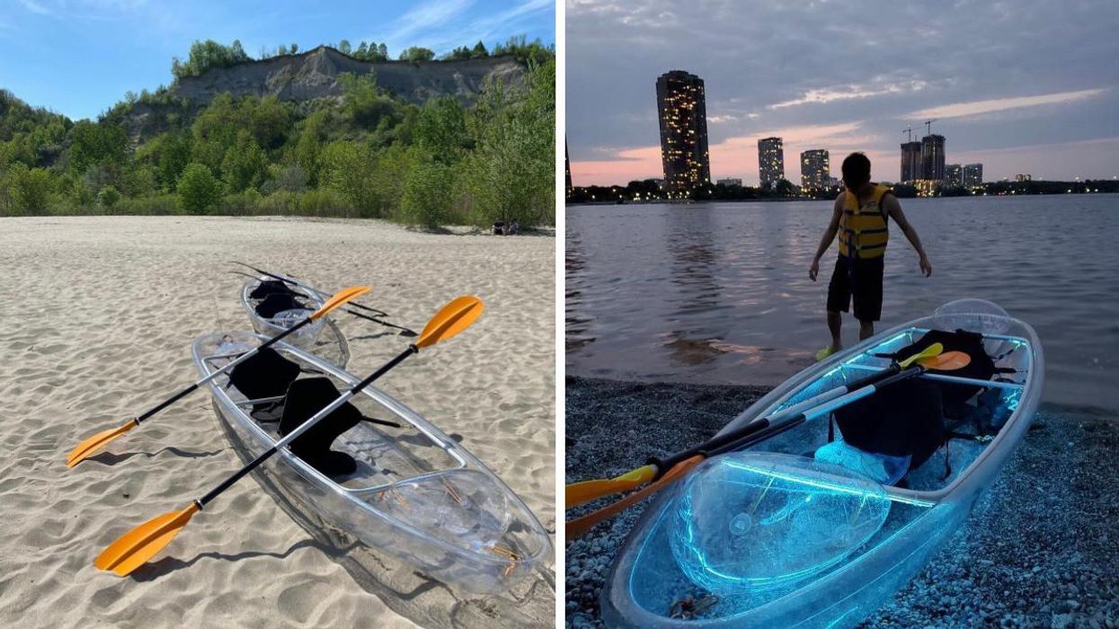Transparent boats with paddles on the sand. Right: Man standing in the water beside a glowing boat.