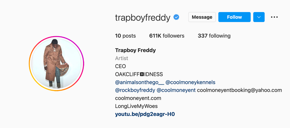 Trapboy Freddy's Instagram bio.