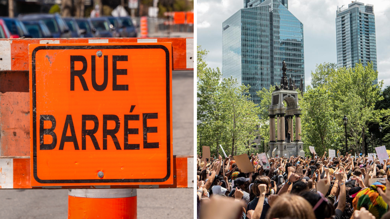 Travaux à Montréal. Droite : Manifestation à Montréal.