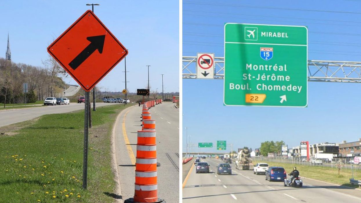 Travaux routiers et cônes orange. Droite : Panneaux sur l'Autoroute 440 à Laval.