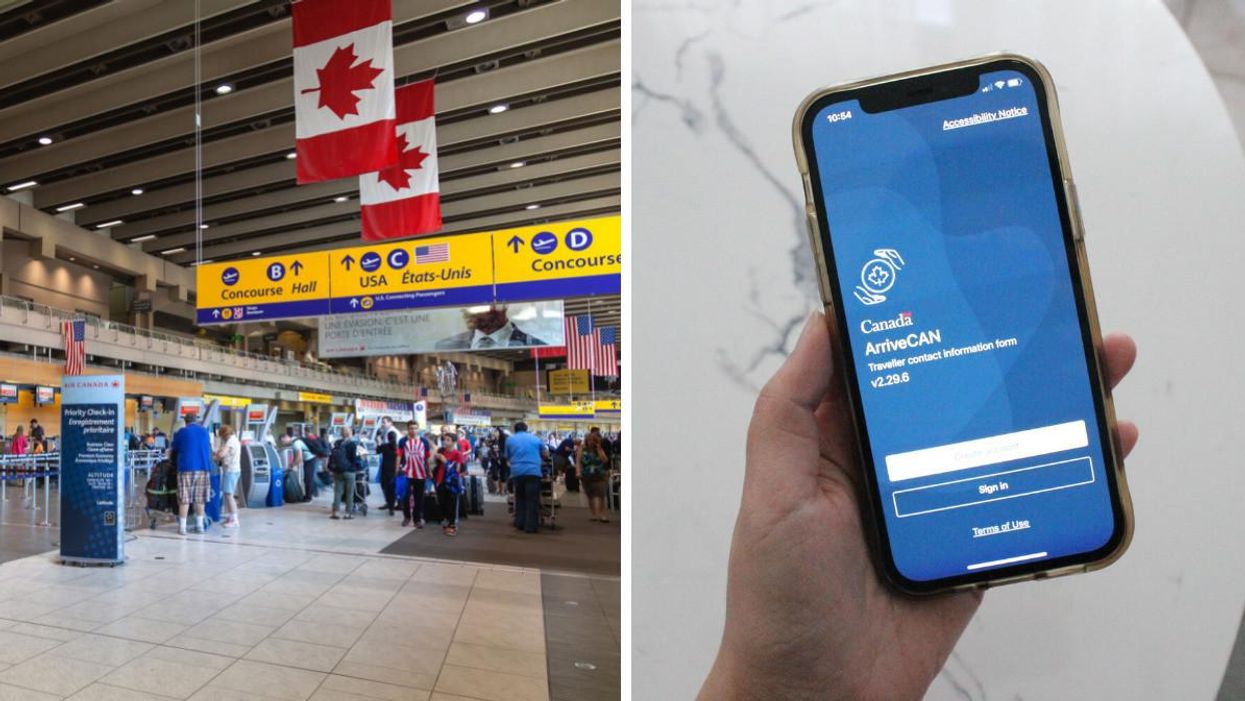 Travellers at the Calgary International Airport. Right: ArriveCAN app on an iPhone.