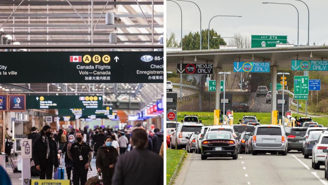Travellers at the Vancouver airport. Right: Cars lining up at the Canada-U.S. border.
