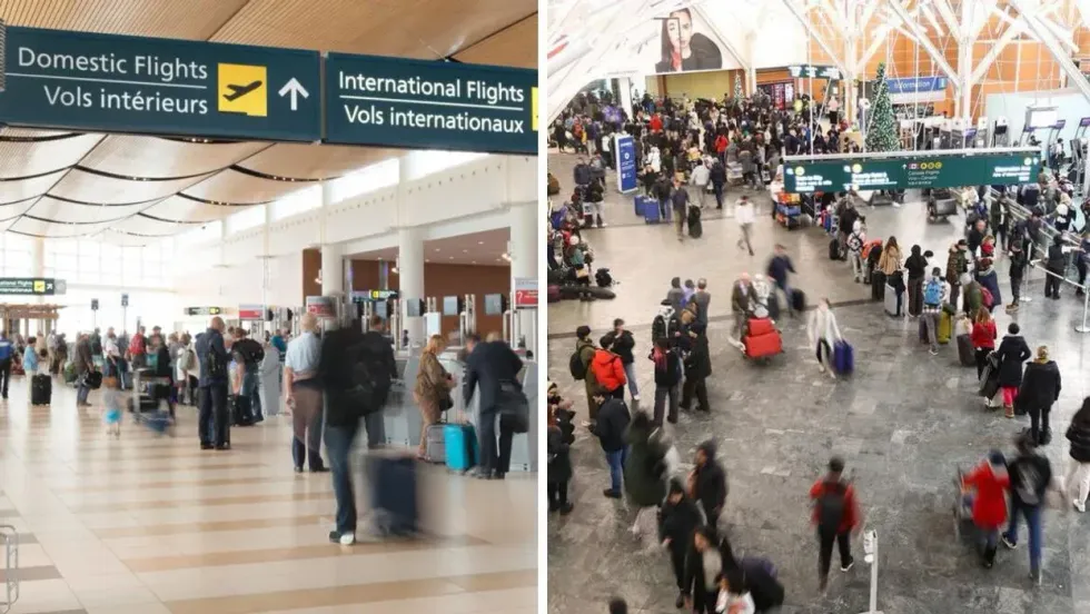 Travellers at the Winnipeg Richardson International Airport. Right: Travellers at the Vancouver International Airport in December 2022.