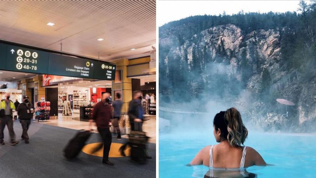 Travellers at Vancouver International Airport. Right: A woman soaks in a hot spring in B.C.