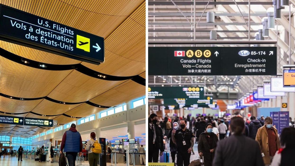 Travellers at Winnipeg Airport. Right: Travellers in Vancouver Airport stand beside a sign reading "Canada flights."