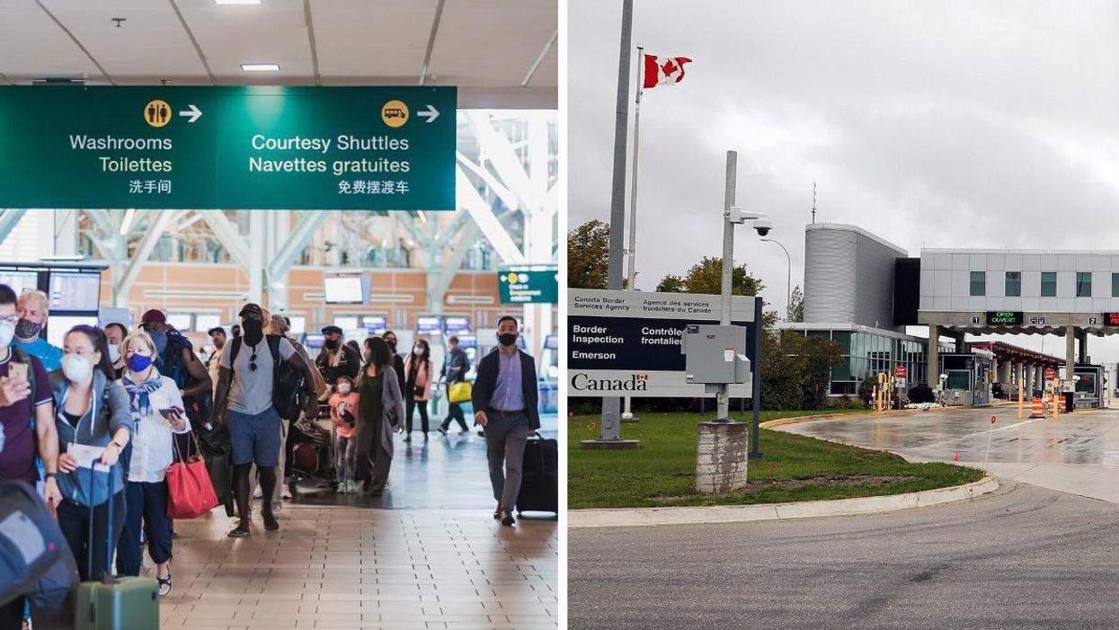 Travellers going through Vancouver International Airport. Right: Border crossing in Manitoba between Canada and the U.S.