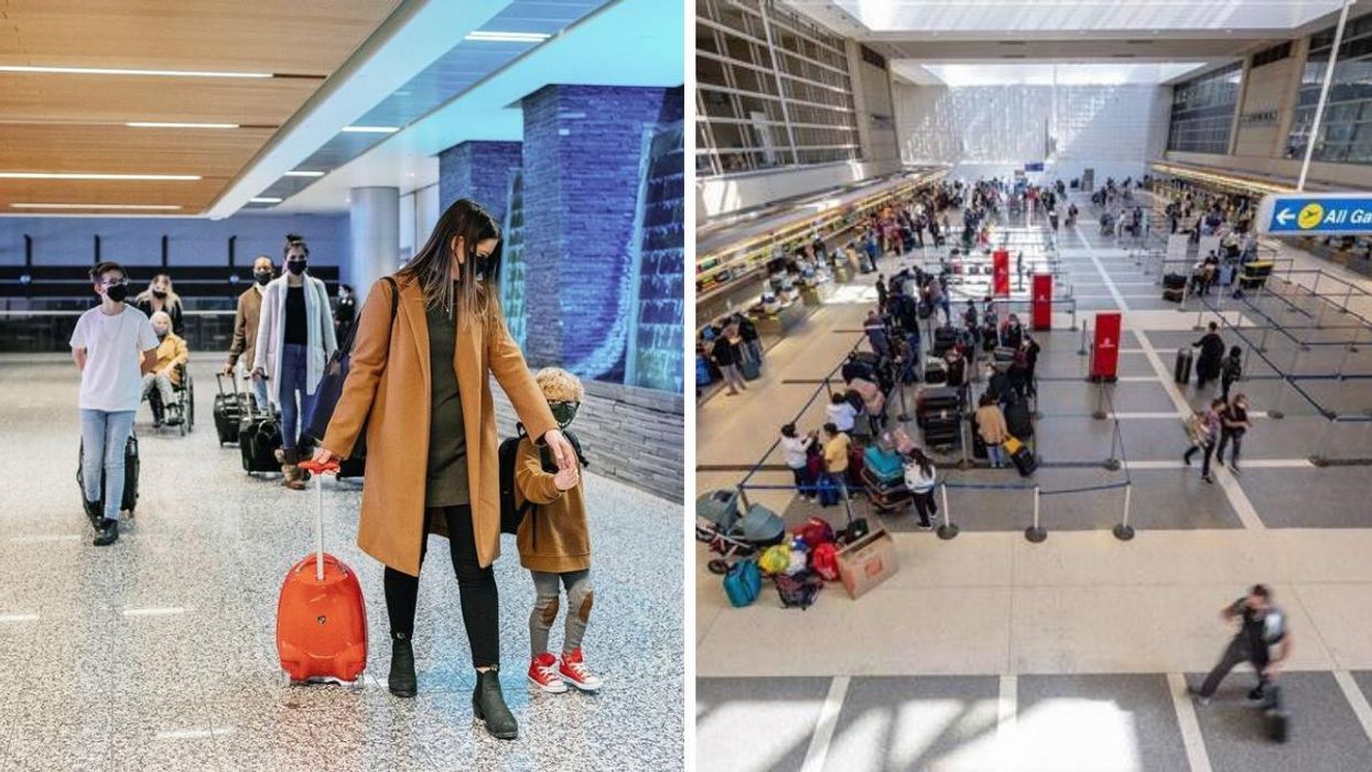 Travellers in Calgary Airport. Right: A line-up in Los Angeles Airport.