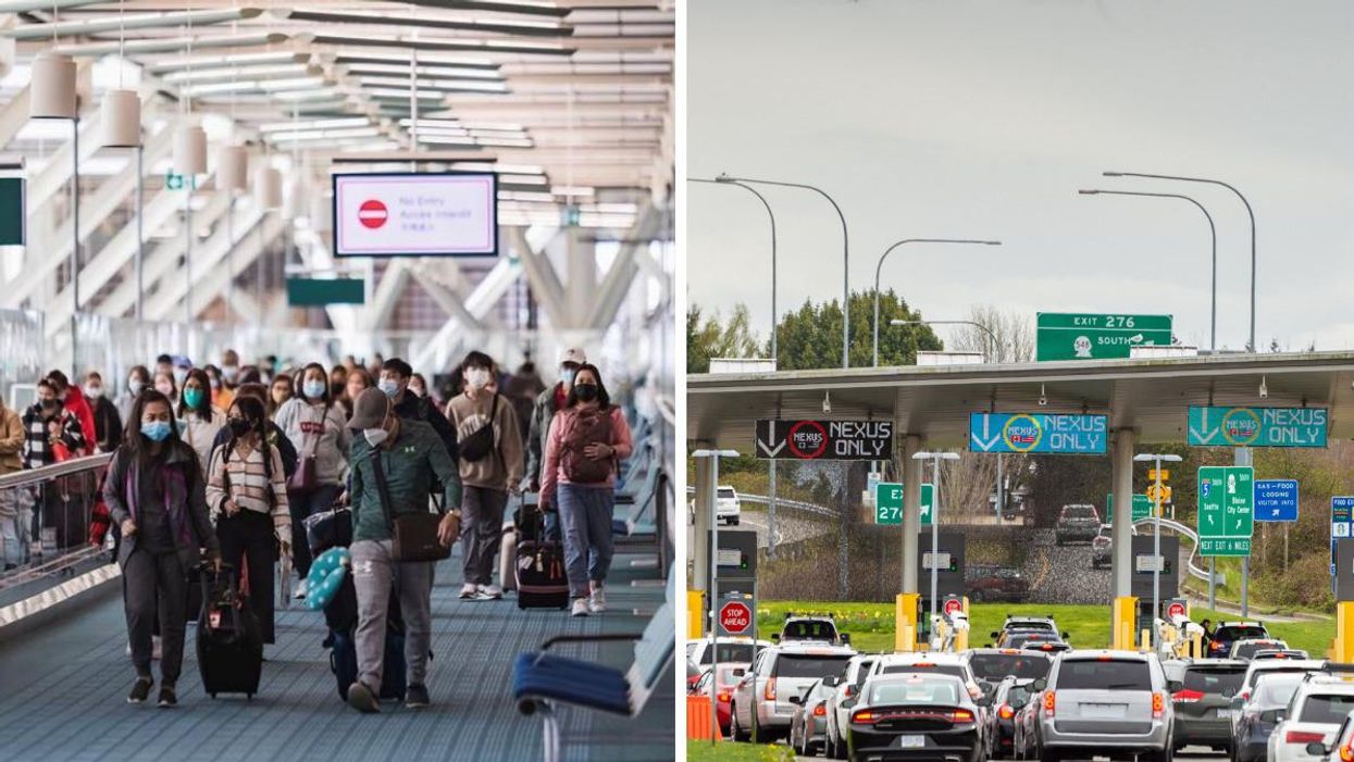 Travellers in the airport. Right: Cars at the Canada-U.S. border.