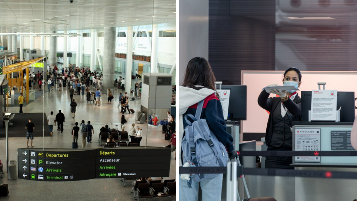 Travellers inside Toronto Pearson Airport. Right: Airport staff stands behind the baggage check-in counter