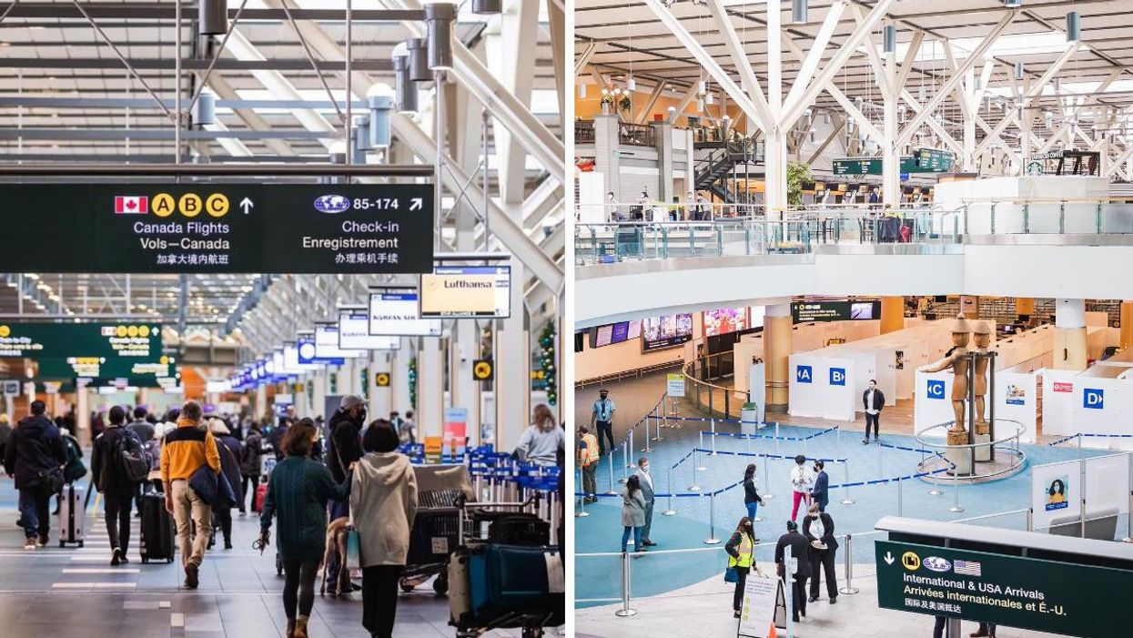 Travellers moving through a busy Vancouver Airport. Right: Vancouver airport during a quieter moment.
