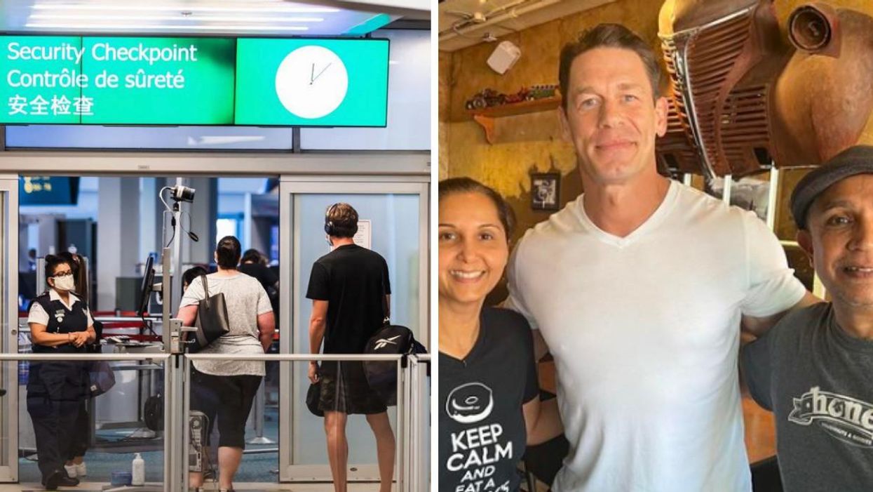 Travellers pass through security at Vancouver Airport. Right: John Cena visits a BC doughnut shop.