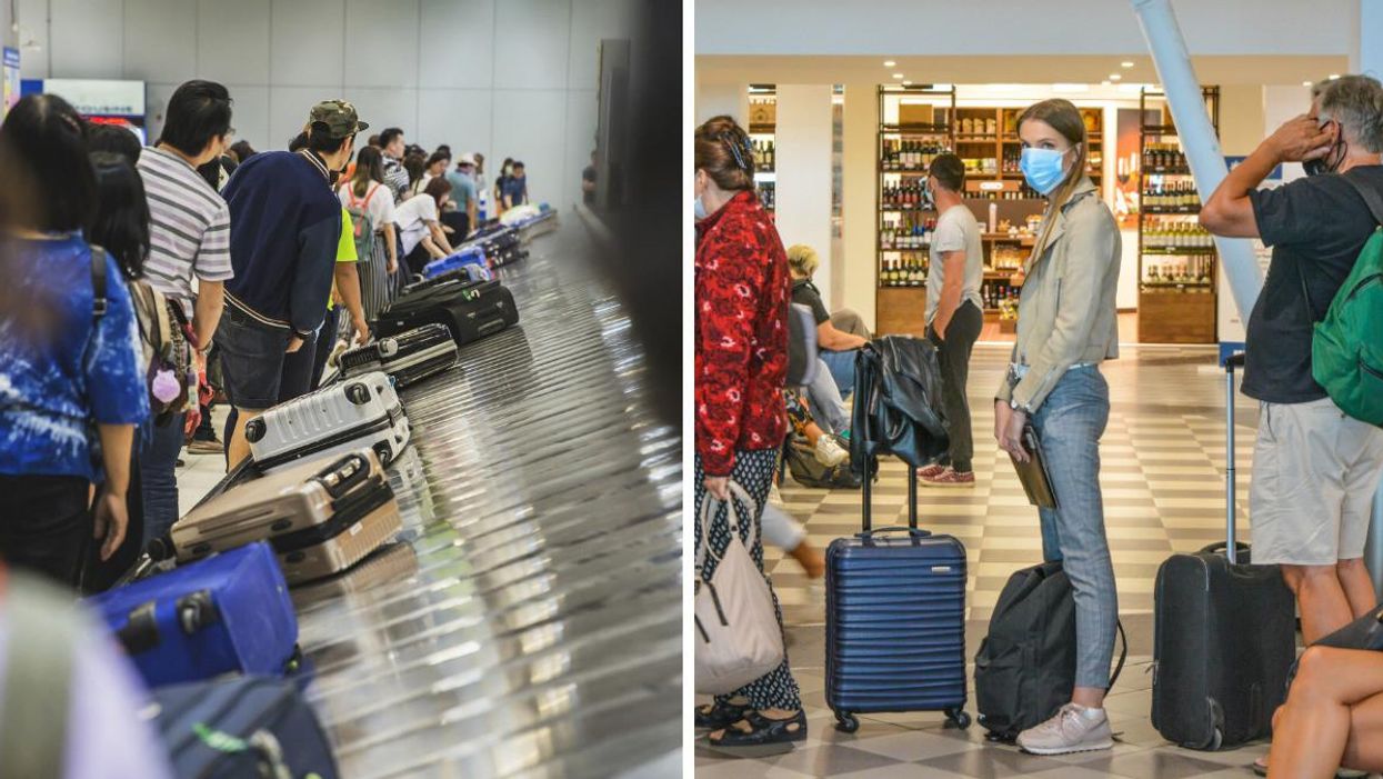 Travellers wait for baggage at the airport. Right: Travellers stand in line at the airport.