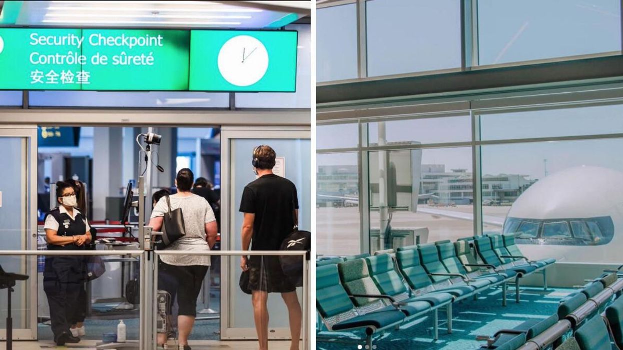 Travellers walk through the security checkpoint. Right: An airport waiting area.