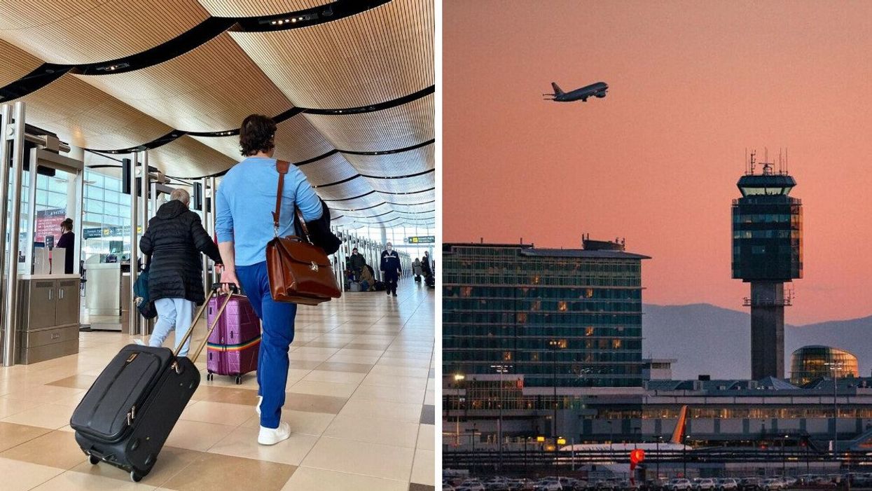 Travellers walk through Winnipeg International Airport. Right: A plane takes off at Vancouver International Airport.
