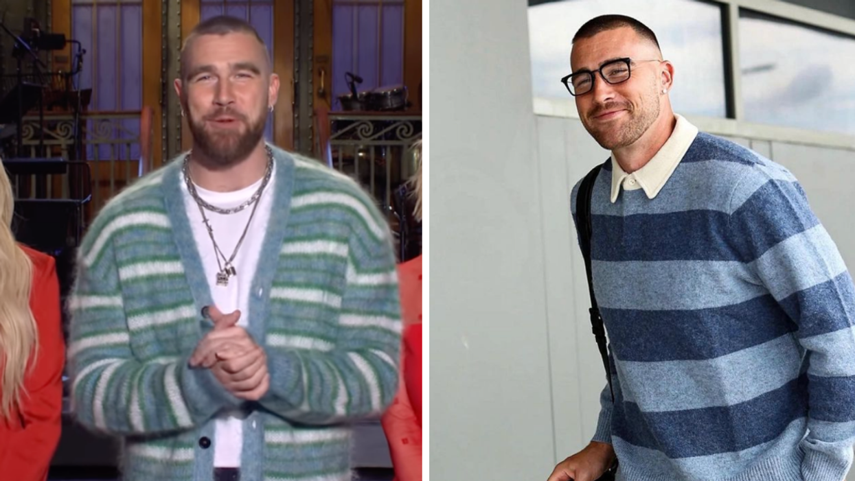 Travis Kelce on set of 'Saturday Night Live.' Right: Travis Kelce.