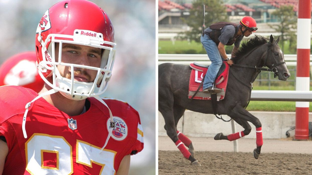 Travis Kelce. Right: A horse racing.