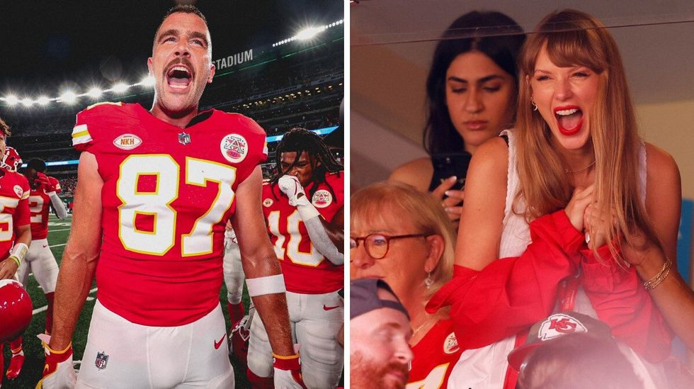 Travis Kelce. Right: Taylor Swift.