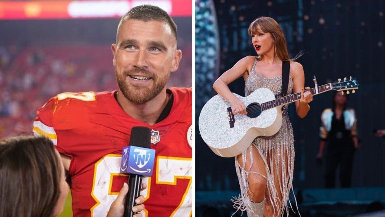 Travis Kelce. Right: Taylor Swift.